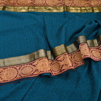 Indian Vintage Sari Teal Blue Pure Crepe Silk Hand Woven Sarees 5yd Sewing Craft Fabric Zari Border Dress making Crafting Quilting