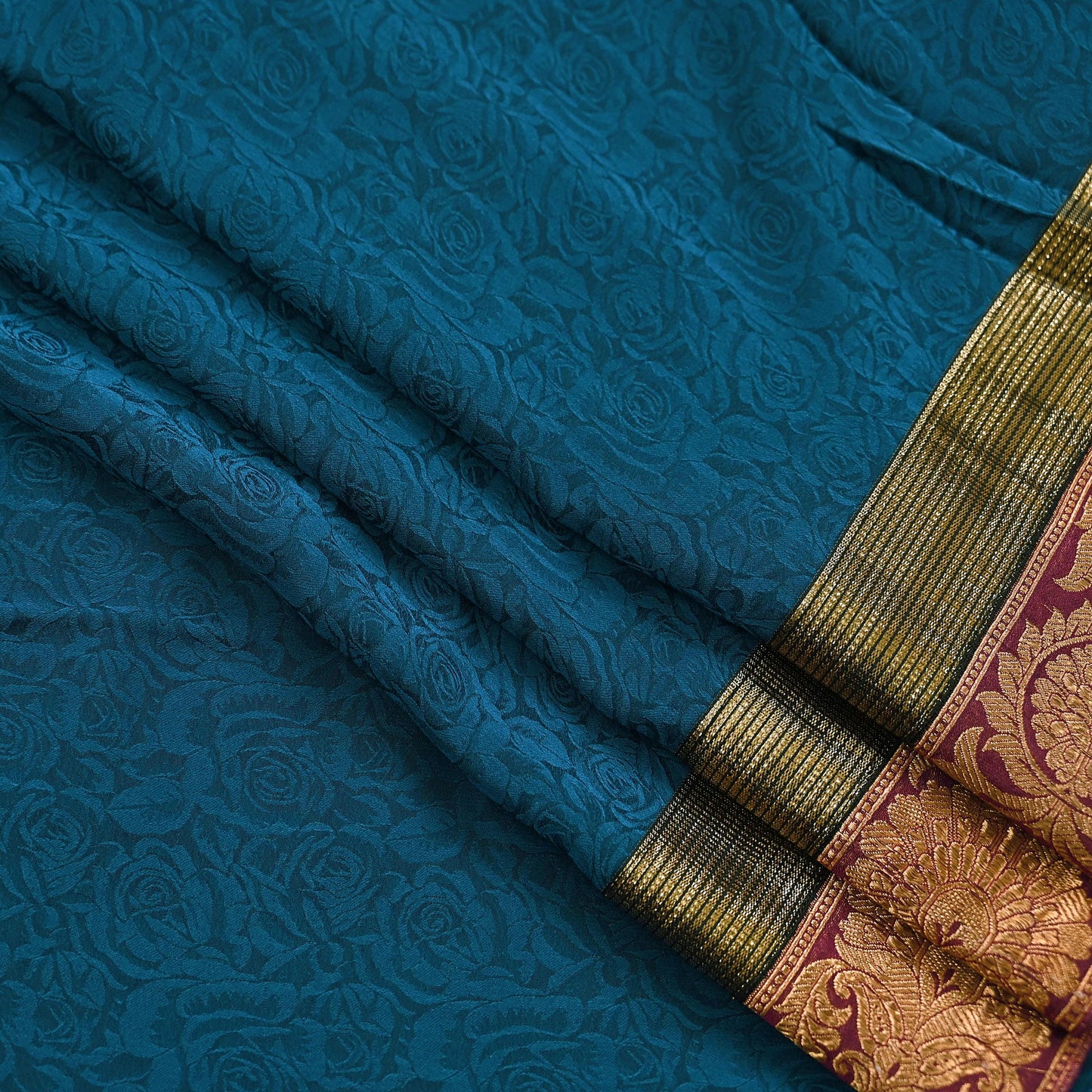 Indian Vintage Sari Teal Blue Pure Crepe Silk Hand Woven Sarees 5yd Sewing Craft Fabric Zari Border Dress making Crafting Quilting