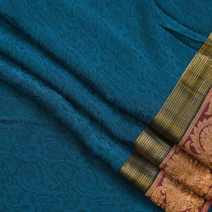 Indian Vintage Sari Teal Blue Pure Crepe Silk Hand Woven Sarees 5yd Sewing Craft Fabric Zari Border Dress making Crafting Quilting