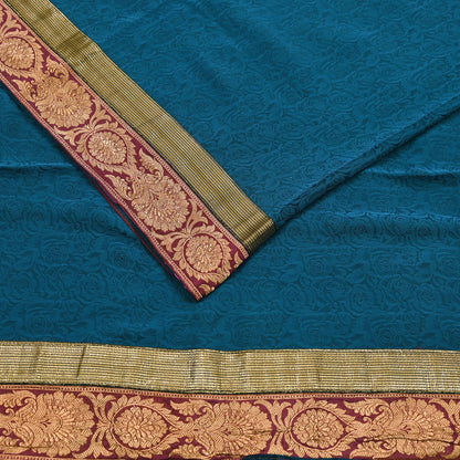 Indian Vintage Sari Teal Blue Pure Crepe Silk Hand Woven Sarees 5yd Sewing Craft Fabric Zari Border Dress making Crafting Quilting