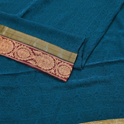 Indian Vintage Sari Teal Blue Pure Crepe Silk Hand Woven Sarees 5yd Sewing Craft Fabric Zari Border Dress making Crafting Quilting