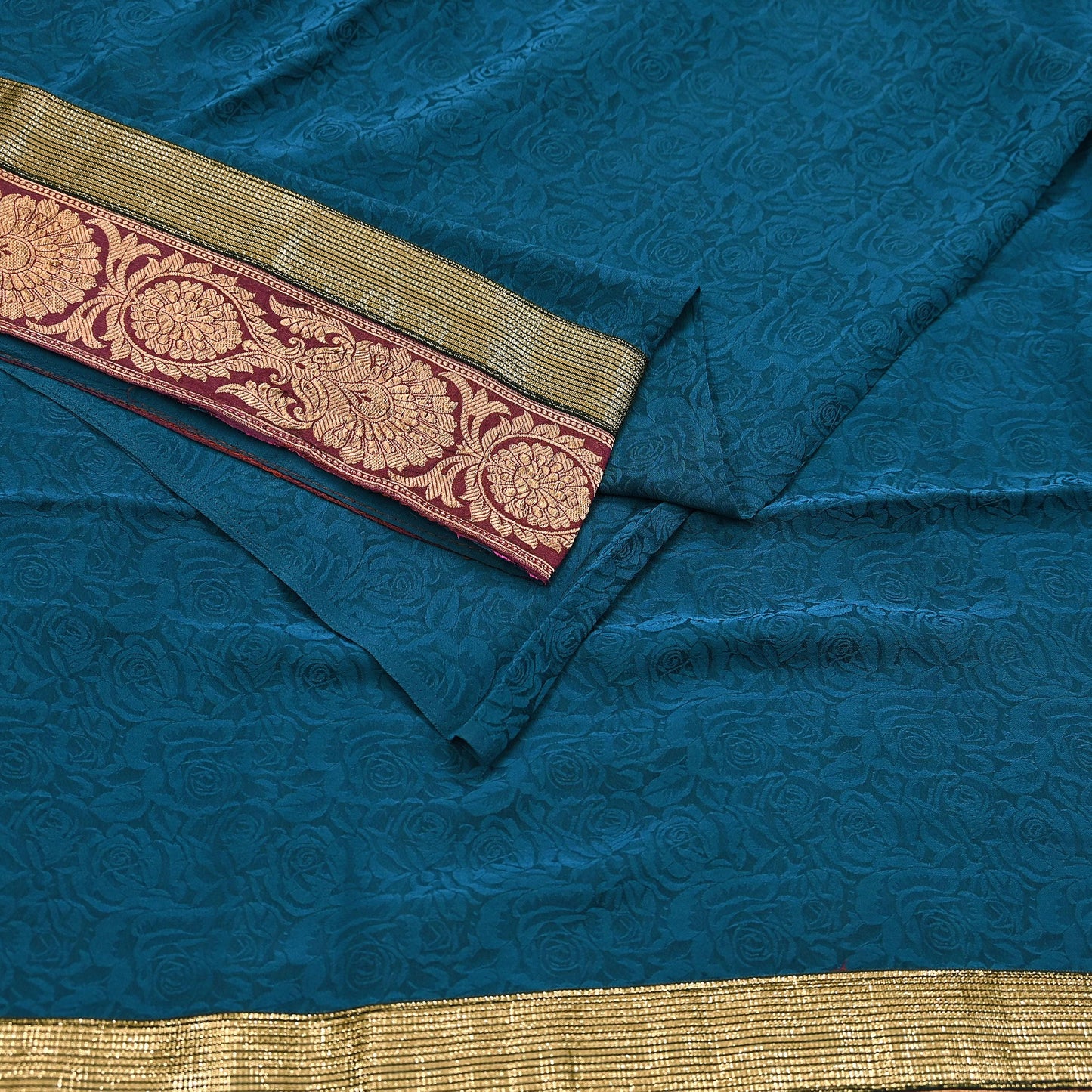 Indian Vintage Sari Teal Blue Pure Crepe Silk Hand Woven Sarees 5yd Sewing Craft Fabric Zari Border Dress making Crafting Quilting
