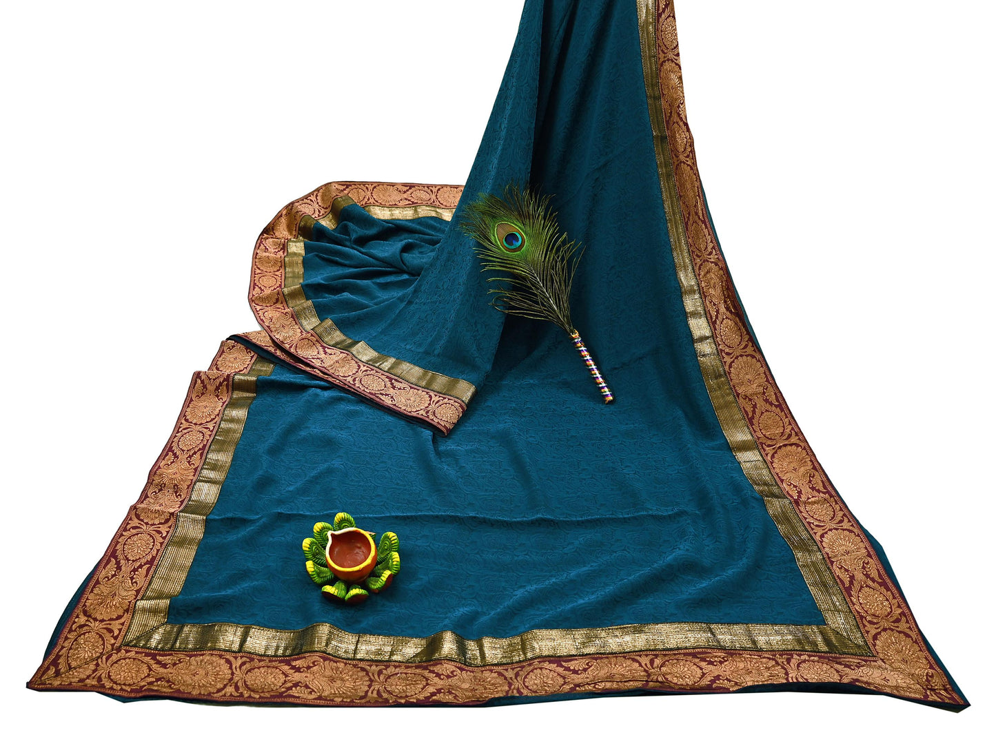 Indian Vintage Sari Teal Blue Pure Crepe Silk Hand Woven Sarees 5yd Sewing Craft Fabric Zari Border Dress making Crafting Quilting