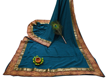 Indian Vintage Sari Teal Blue Pure Crepe Silk Hand Woven Sarees 5yd Sewing Craft Fabric Zari Border Dress making Crafting Quilting