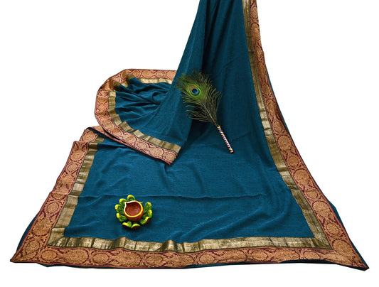 Indian Vintage Sari Teal Blue Pure Crepe Silk Hand Woven Sarees 5yd Sewing Craft Fabric Zari Border Dress making Crafting Quilting