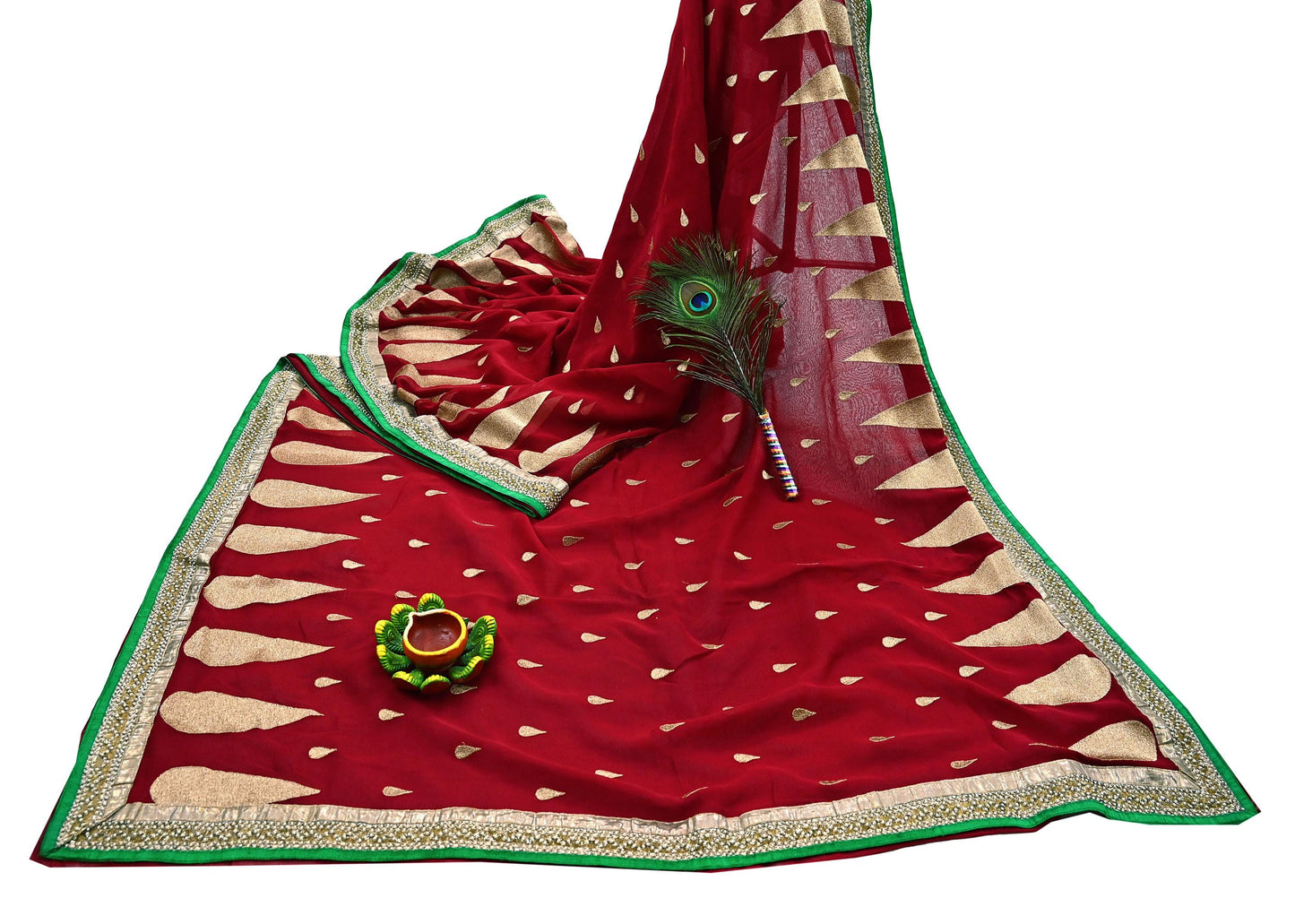 Indian Vintage Heavy Sari Red Pure Georgette Silk Hand Embroidered Sarees Craft Fabric 6Yd Sewing Ethnic Bollywood saree Dress making