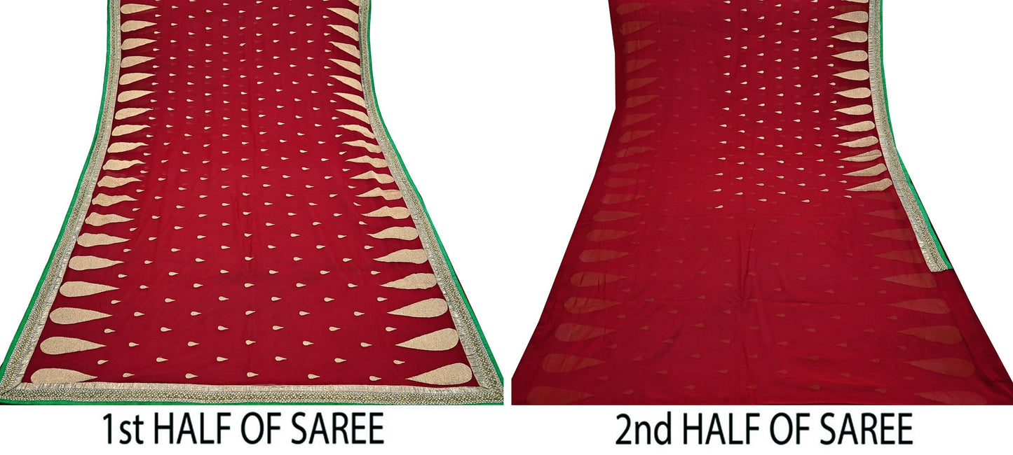 Indian Vintage Heavy Sari Red Pure Georgette Silk Hand Embroidered Sarees Craft Fabric 6Yd Sewing Ethnic Bollywood saree Dress making