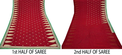 Indian Vintage Heavy Sari Red Pure Georgette Silk Hand Embroidered Sarees Craft Fabric 6Yd Sewing Ethnic Bollywood saree Dress making