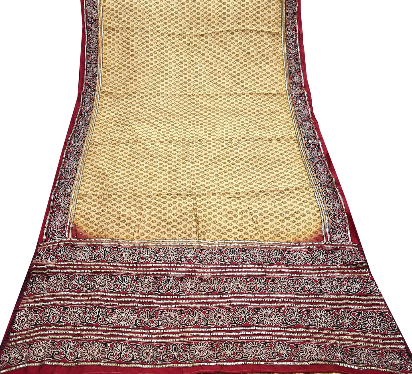 Indian Vintage Sari Beige & Maroon Pure Silk Hand Embroidered Sarees 5Yd Craft Fabric Sewing soft Quilting Crafting Ethnic Bollywood sarees