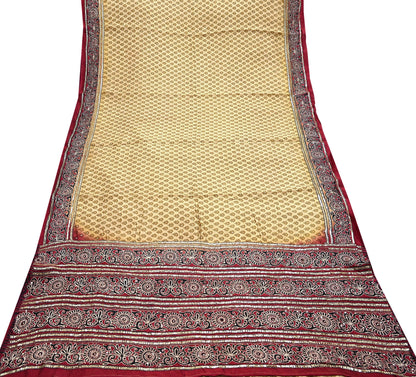 Indian Vintage Sari Beige & Maroon Pure Silk Hand Embroidered Sarees 5Yd Craft Fabric Sewing soft Quilting Crafting Ethnic Bollywood sarees