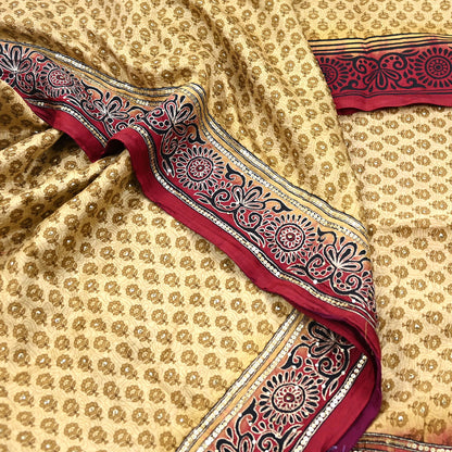 Indian Vintage Sari Beige & Maroon Pure Silk Hand Embroidered Sarees 5Yd Craft Fabric Sewing soft Quilting Crafting Ethnic Bollywood sarees