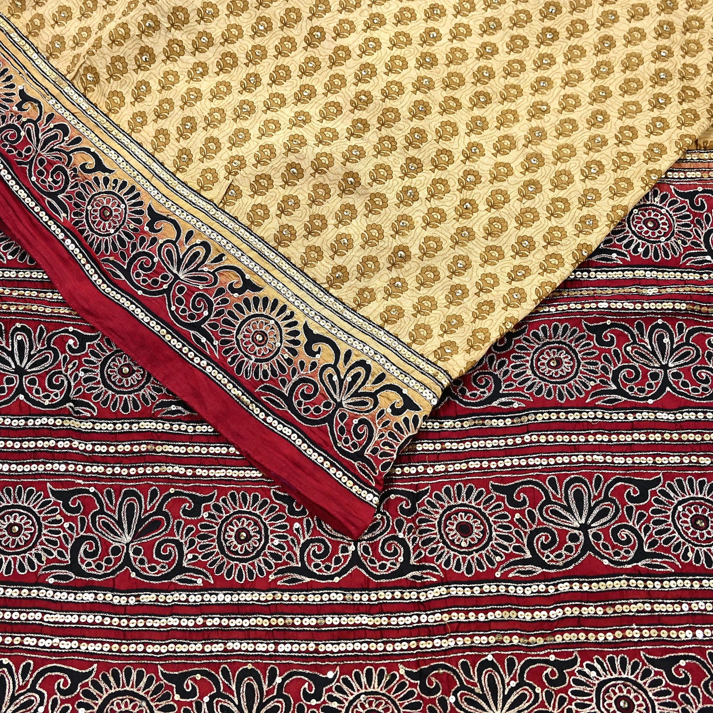 Indian Vintage Sari Beige & Maroon Pure Silk Hand Embroidered Sarees 5Yd Craft Fabric Sewing soft Quilting Crafting Ethnic Bollywood sarees