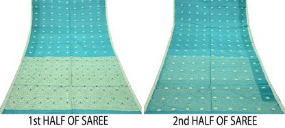 Indian Vintage Sari Green Pure Cotton Hand Woven Sarees Craft Fabric 5yd Ethnic Crafting Quilting Dress Making Quilting Upcycle