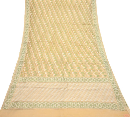 Indian Vintage Sari Beige Hand Woven 100% Pure Organza Silk Saree Craft Fabric 5Yd Dress Making Crafting Quilting Upcycle Fringes