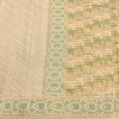 Indian Vintage Sari Beige Hand Woven 100% Pure Organza Silk Saree Craft Fabric 5Yd Dress Making Crafting Quilting Upcycle Fringes