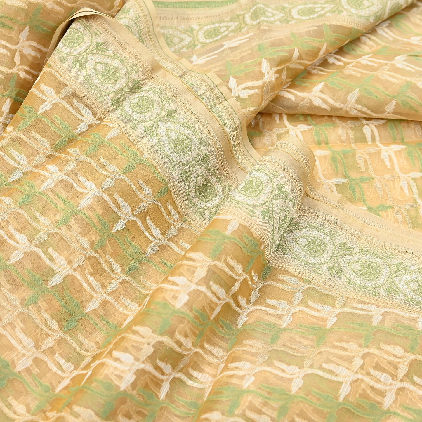 Indian Vintage Sari Beige Hand Woven 100% Pure Organza Silk Saree Craft Fabric 5Yd Dress Making Crafting Quilting Upcycle Fringes