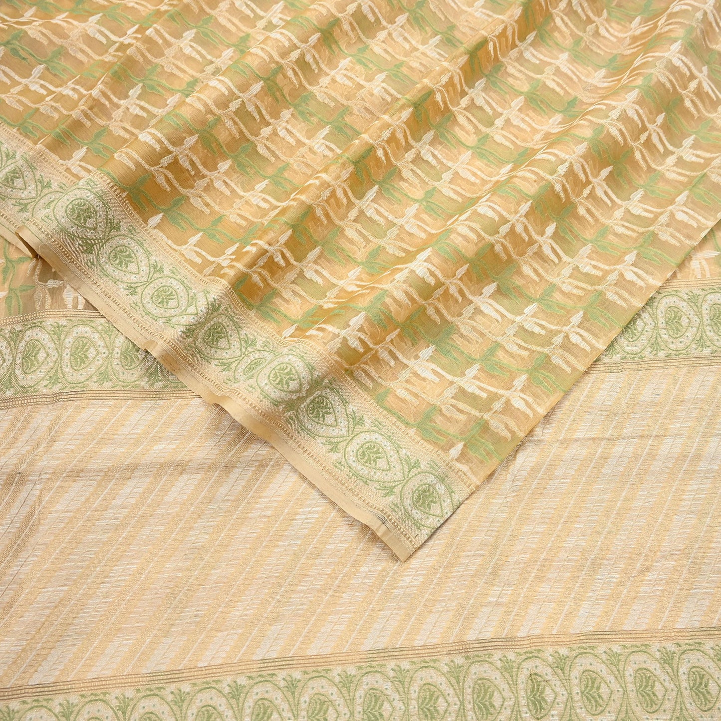 Indian Vintage Sari Beige Hand Woven 100% Pure Organza Silk Saree Craft Fabric 5Yd Dress Making Crafting Quilting Upcycle Fringes
