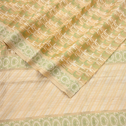 Indian Vintage Sari Beige Hand Woven 100% Pure Organza Silk Saree Craft Fabric 5Yd Dress Making Crafting Quilting Upcycle Fringes