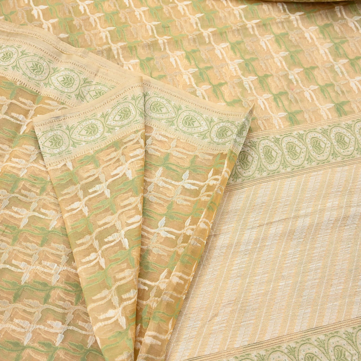 Indian Vintage Sari Beige Hand Woven 100% Pure Organza Silk Saree Craft Fabric 5Yd Dress Making Crafting Quilting Upcycle Fringes