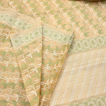 Indian Vintage Sari Beige Hand Woven 100% Pure Organza Silk Saree Craft Fabric 5Yd Dress Making Crafting Quilting Upcycle Fringes