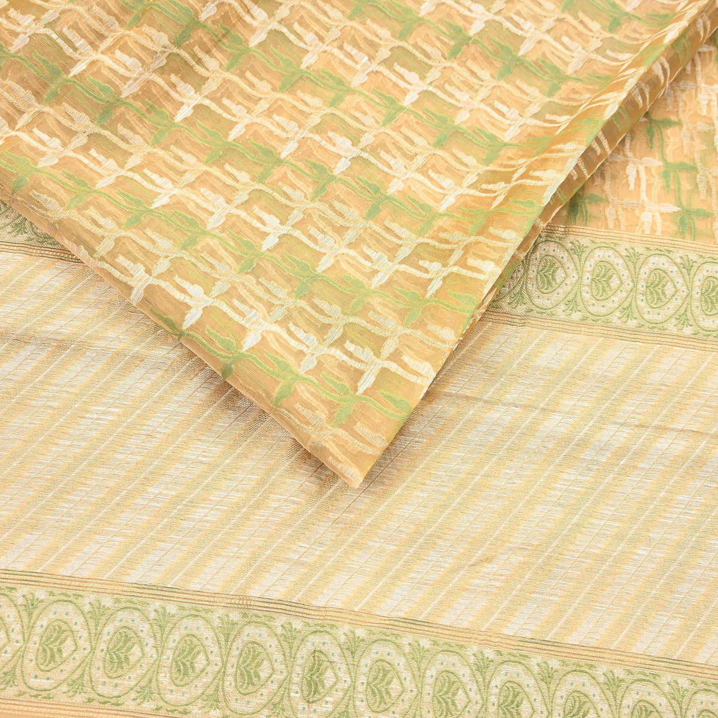 Indian Vintage Sari Beige Hand Woven 100% Pure Organza Silk Saree Craft Fabric 5Yd Dress Making Crafting Quilting Upcycle Fringes