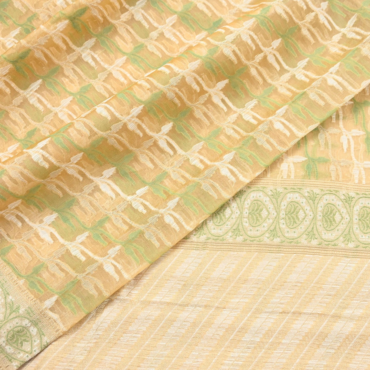 Indian Vintage Sari Beige Hand Woven 100% Pure Organza Silk Saree Craft Fabric 5Yd Dress Making Crafting Quilting Upcycle Fringes