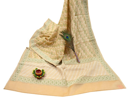 Indian Vintage Sari Beige Hand Woven 100% Pure Organza Silk Saree Craft Fabric 5Yd Dress Making Crafting Quilting Upcycle Fringes