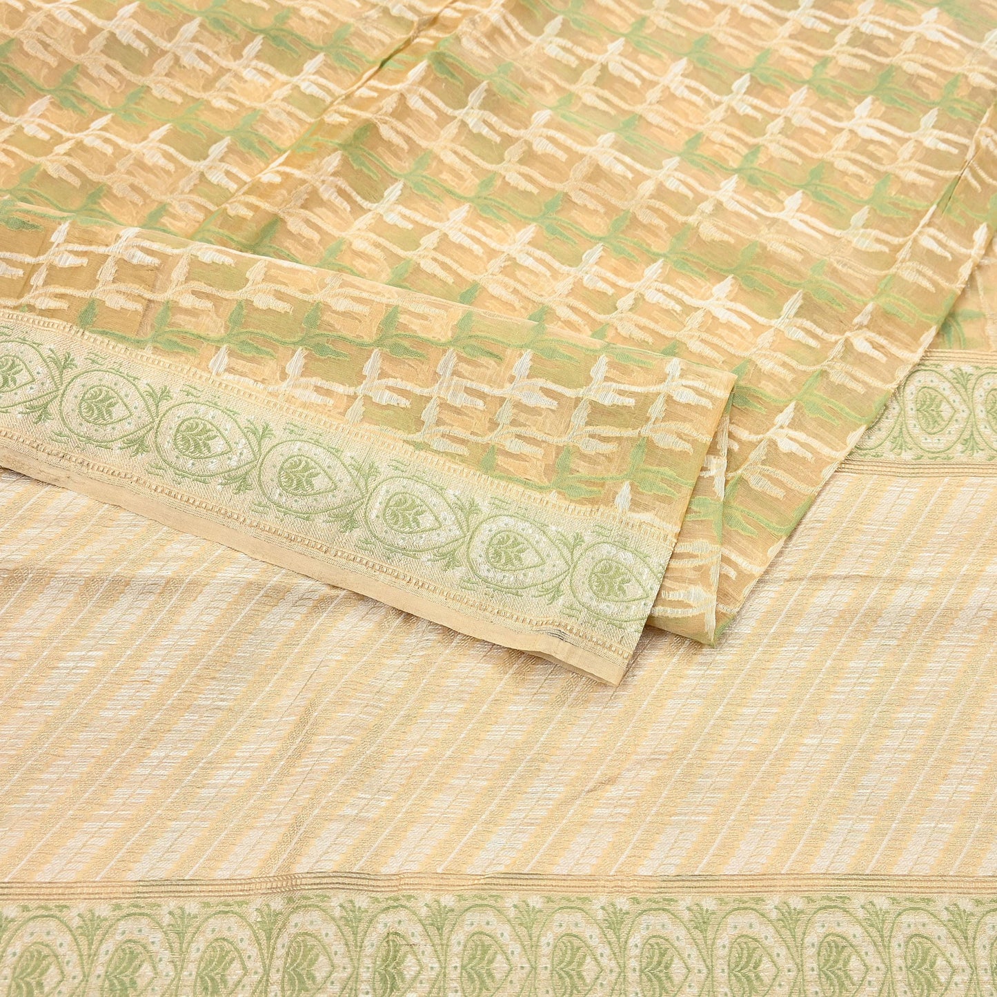 Indian Vintage Sari Beige Hand Woven 100% Pure Organza Silk Saree Craft Fabric 5Yd Dress Making Crafting Quilting Upcycle Fringes