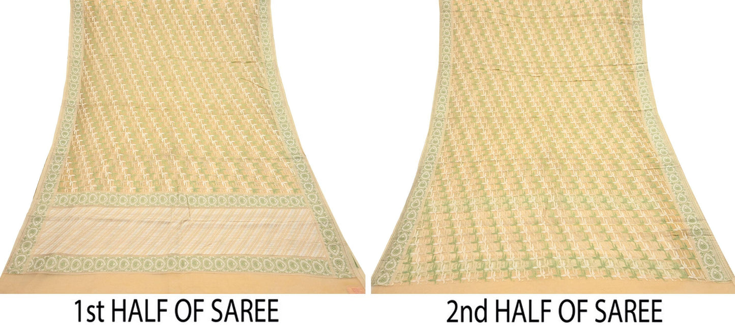 Indian Vintage Sari Beige Hand Woven 100% Pure Organza Silk Saree Craft Fabric 5Yd Dress Making Crafting Quilting Upcycle Fringes