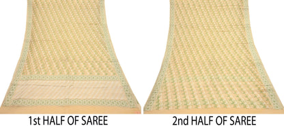 Indian Vintage Sari Beige Hand Woven 100% Pure Organza Silk Saree Craft Fabric 5Yd Dress Making Crafting Quilting Upcycle Fringes