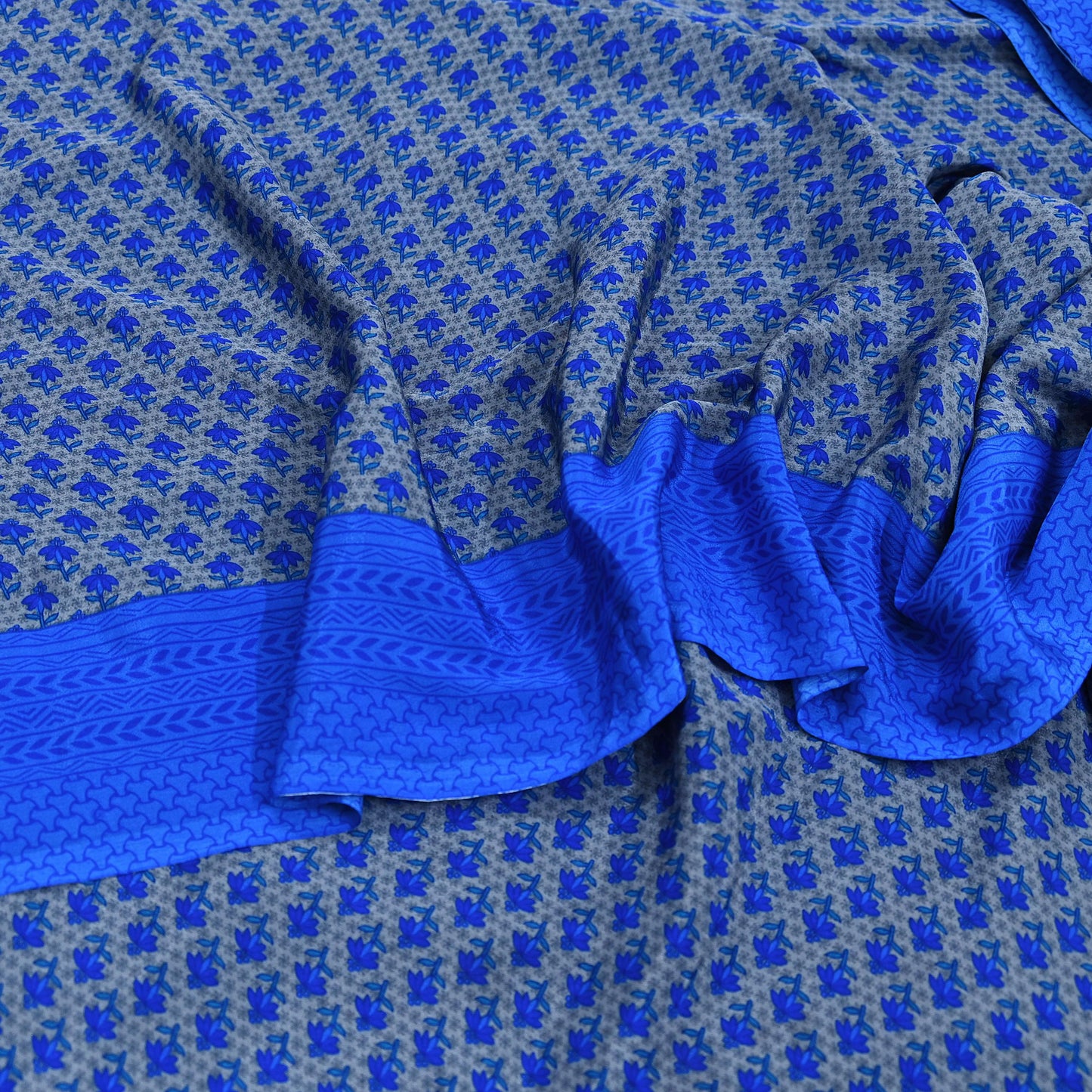 Indian Vintage Blue & Gray Artificial Silk Saree Printed Sari 5 Yards Soft Craft Fabric for Sewing, Dressmaking, Quilting,Upcycling