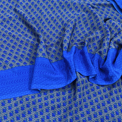 Indian Vintage Blue & Gray Artificial Silk Saree Printed Sari 5 Yards Soft Craft Fabric for Sewing, Dressmaking, Quilting,Upcycling