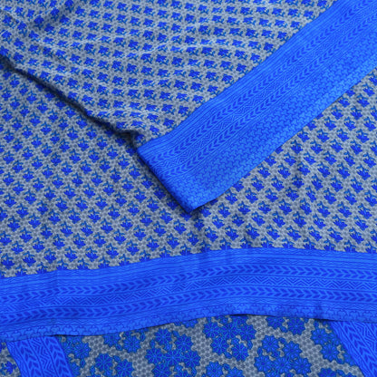 Indian Vintage Blue & Gray Artificial Silk Saree Printed Sari 5 Yards Soft Craft Fabric for Sewing, Dressmaking, Quilting,Upcycling