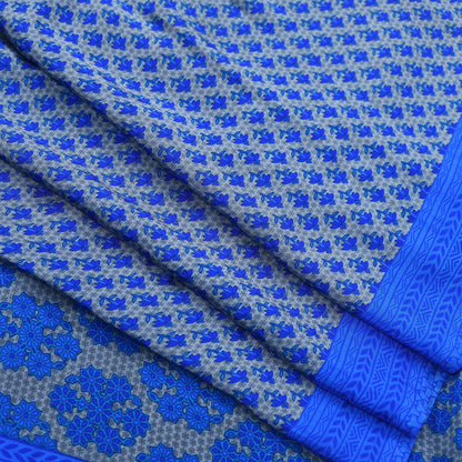 Indian Vintage Blue & Gray Artificial Silk Saree Printed Sari 5 Yards Soft Craft Fabric for Sewing, Dressmaking, Quilting,Upcycling