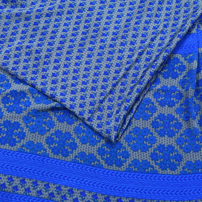 Indian Vintage Blue & Gray Artificial Silk Saree Printed Sari 5 Yards Soft Craft Fabric for Sewing, Dressmaking, Quilting,Upcycling
