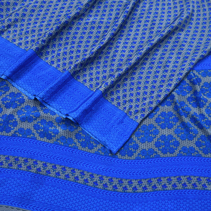 Indian Vintage Blue & Gray Artificial Silk Saree Printed Sari 5 Yards Soft Craft Fabric for Sewing, Dressmaking, Quilting,Upcycling