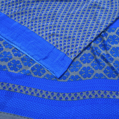 Indian Vintage Blue & Gray Artificial Silk Saree Printed Sari 5 Yards Soft Craft Fabric for Sewing, Dressmaking, Quilting,Upcycling