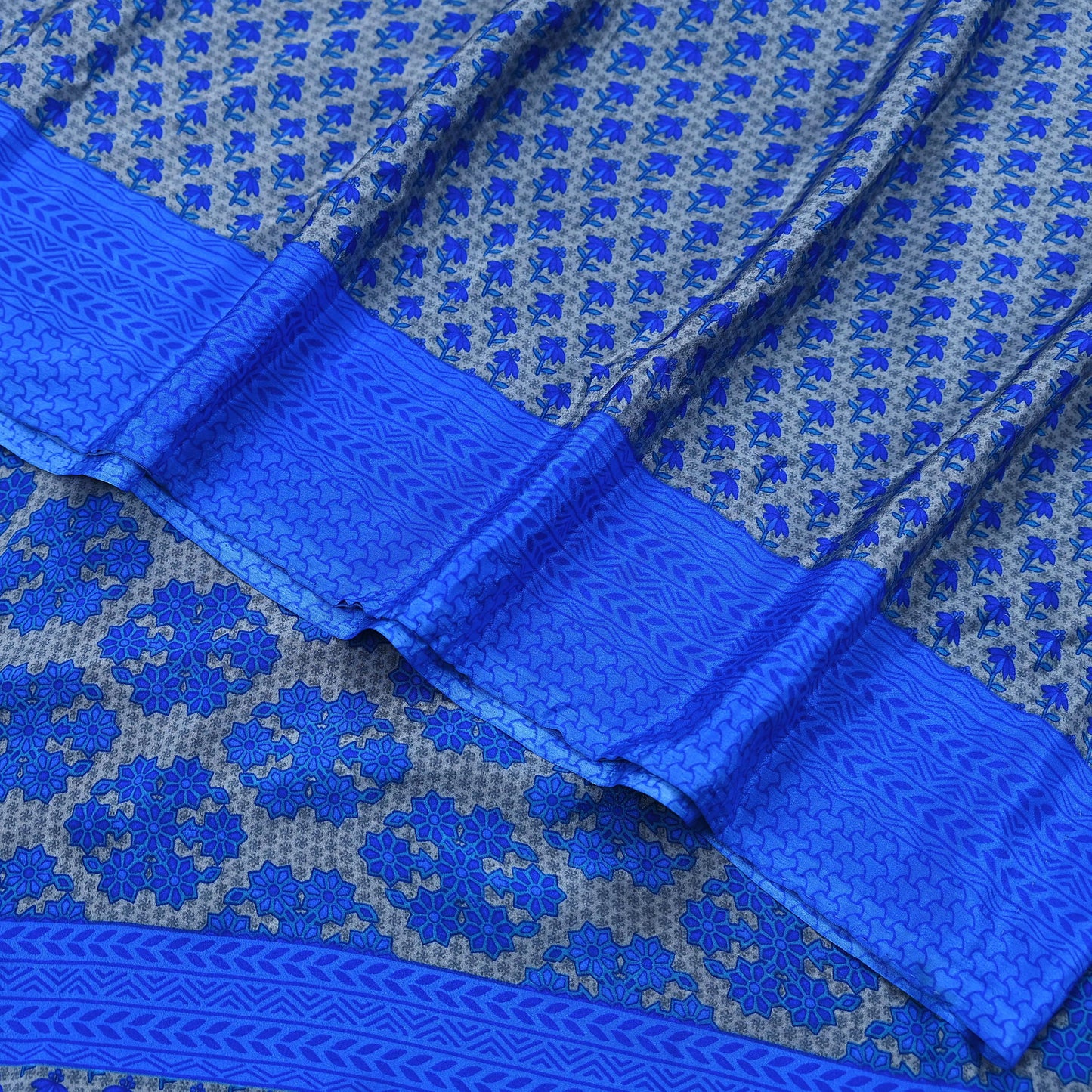 Indian Vintage Blue & Gray Artificial Silk Saree Printed Sari 5 Yards Soft Craft Fabric for Sewing, Dressmaking, Quilting,Upcycling
