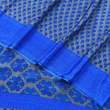 Indian Vintage Blue & Gray Artificial Silk Saree Printed Sari 5 Yards Soft Craft Fabric for Sewing, Dressmaking, Quilting,Upcycling