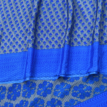 Indian Vintage Blue & Gray Artificial Silk Saree Printed Sari 5 Yards Soft Craft Fabric for Sewing, Dressmaking, Quilting,Upcycling