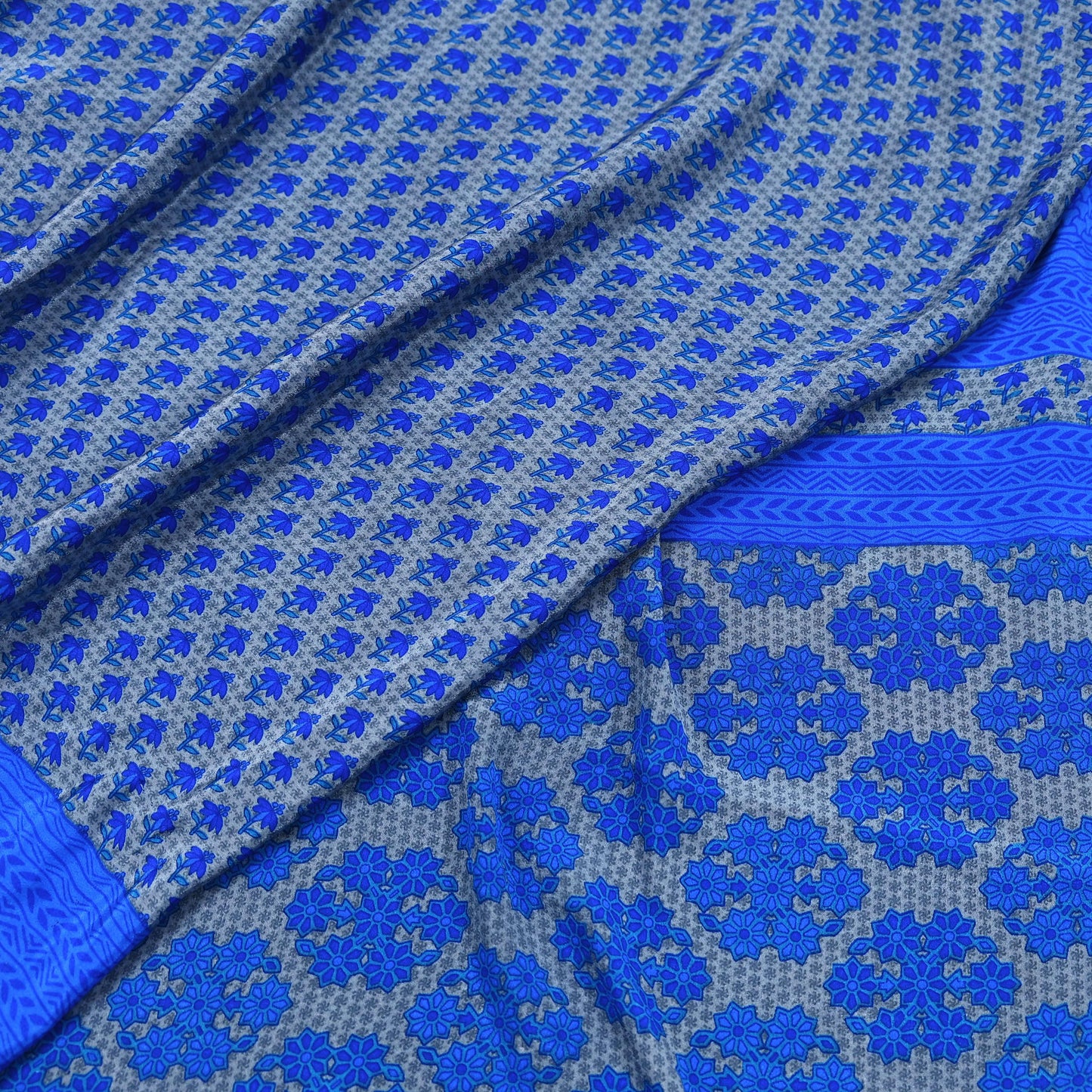 Indian Vintage Blue & Gray Artificial Silk Saree Printed Sari 5 Yards Soft Craft Fabric for Sewing, Dressmaking, Quilting,Upcycling