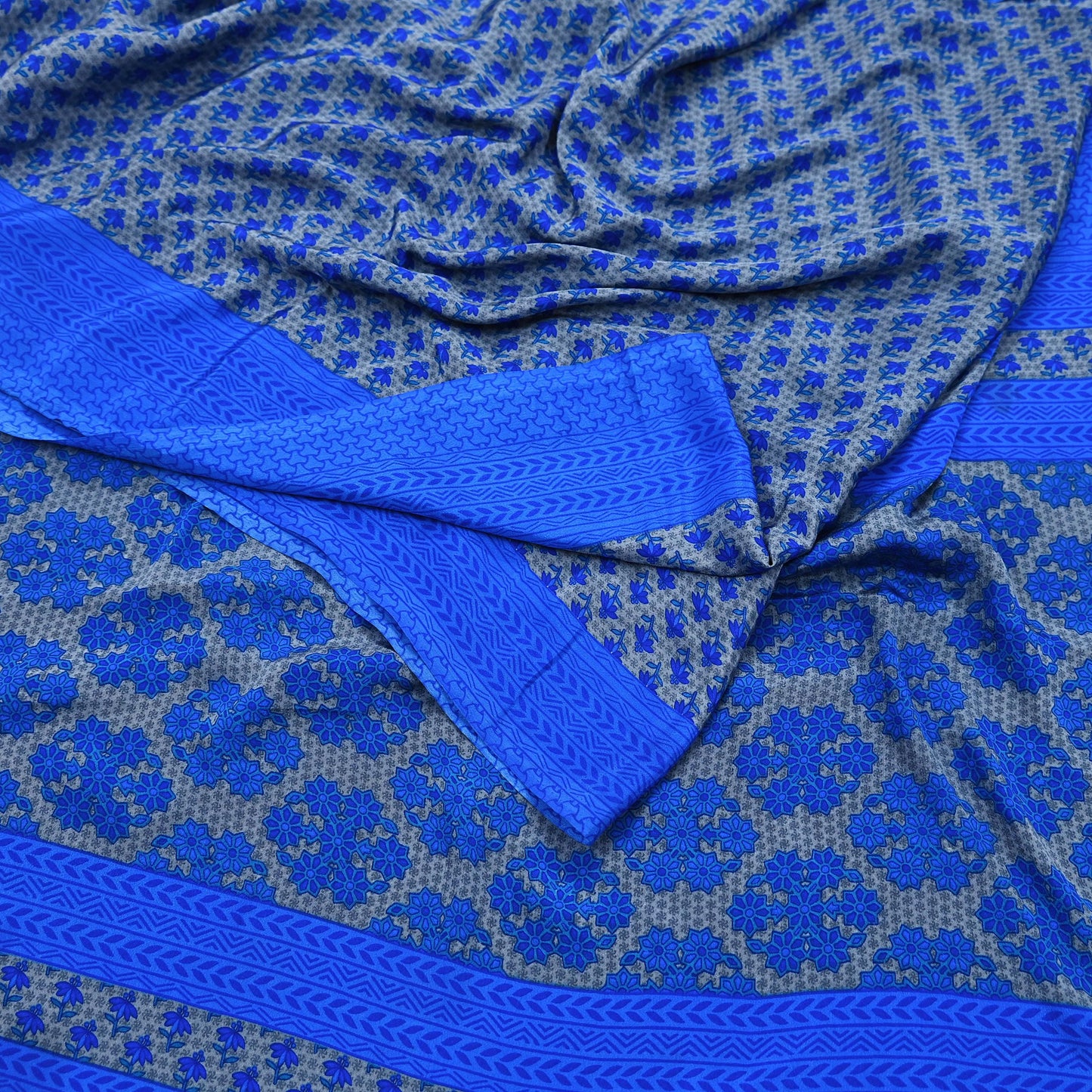 Indian Vintage Blue & Gray Artificial Silk Saree Printed Sari 5 Yards Soft Craft Fabric for Sewing, Dressmaking, Quilting,Upcycling