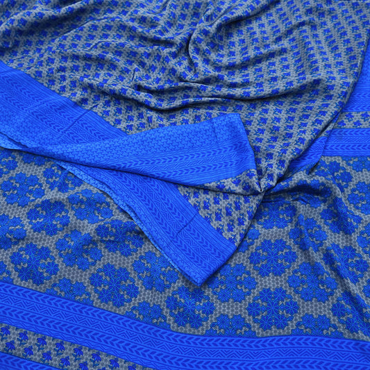 Indian Vintage Blue & Gray Artificial Silk Saree Printed Sari 5 Yards Soft Craft Fabric for Sewing, Dressmaking, Quilting,Upcycling