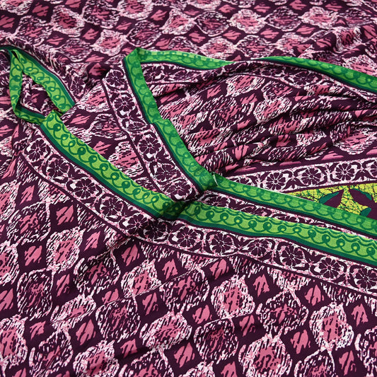 Indian Vintage Maroon Moss Crepe Printed Saree Floral 6 Yards Soft Craft Fabric for Dressmaking, Décor, Quilting, & Upcycling
