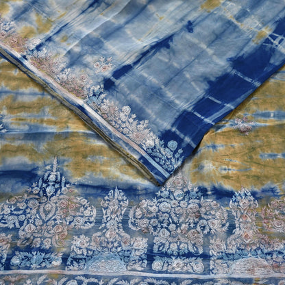 Indian Vintage Saree Pure Crepe Silk Hand Embroidered Tie-Dye Sari Fabric 5yard Sewing Craft Fabric Ethnic Dressmaking Crafting Zari