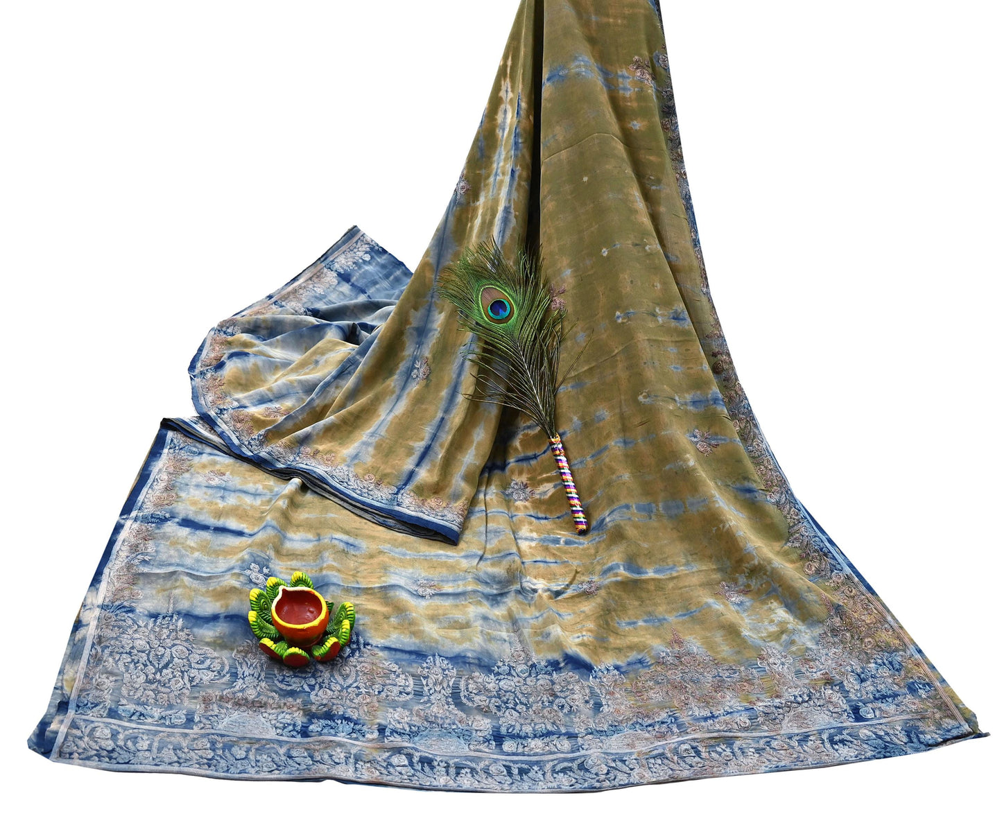 Indian Vintage Saree Pure Crepe Silk Hand Embroidered Tie-Dye Sari Fabric 5yard Sewing Craft Fabric Ethnic Dressmaking Crafting Zari