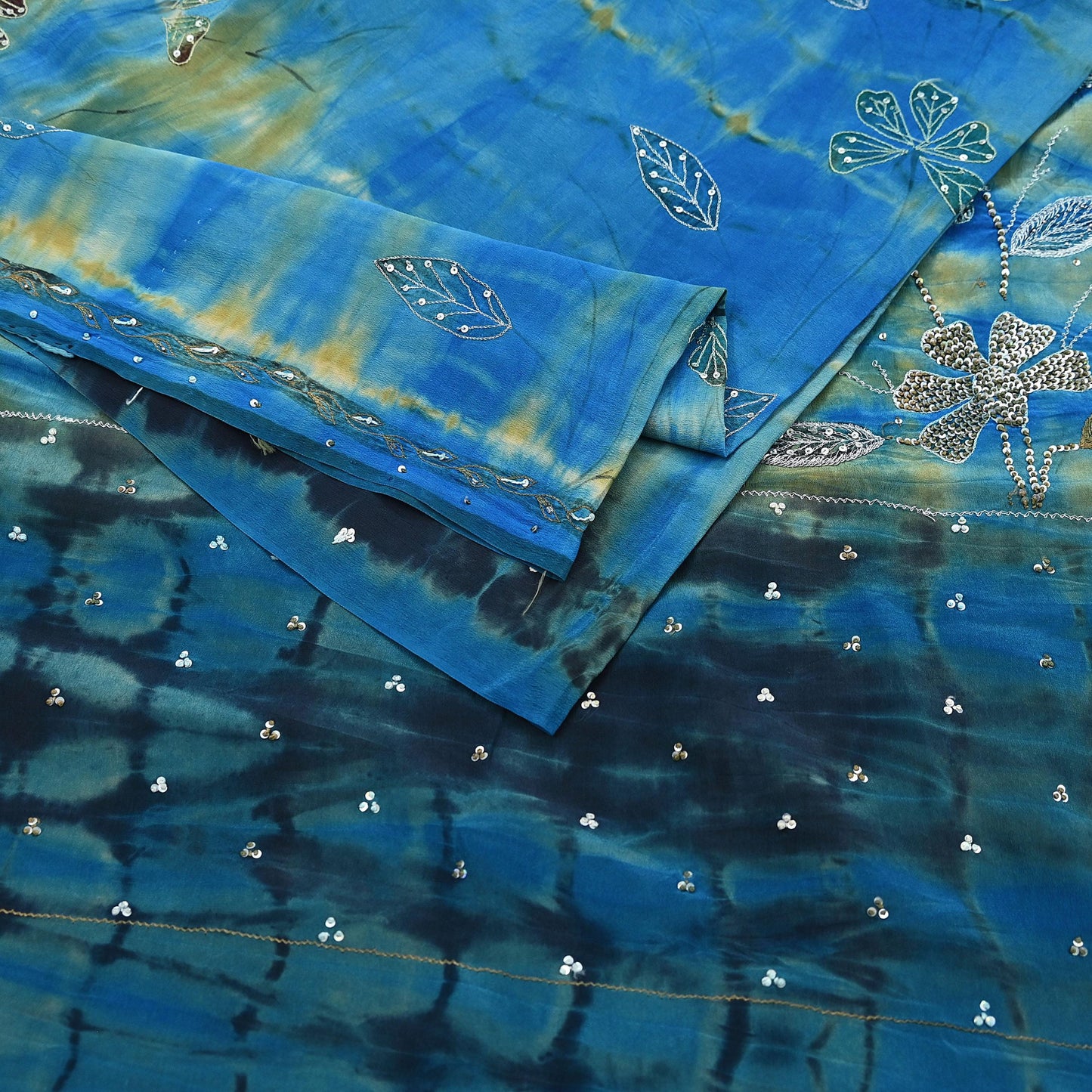 Indian Vintage Saree Pure Crepe Silk Hand Embroidered Tie-Dye Sari Fabric 5yard Sewing Craft Fabric Ethnic Dressmaking Crafting Zari