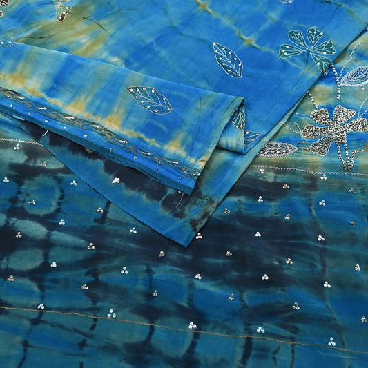 Indian Vintage Saree Pure Crepe Silk Hand Embroidered Tie-Dye Sari Fabric 5yard Sewing Craft Fabric Ethnic Dressmaking Crafting Zari