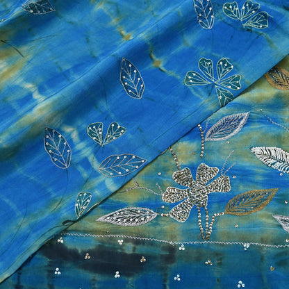Indian Vintage Saree Pure Crepe Silk Hand Embroidered Tie-Dye Sari Fabric 5yard Sewing Craft Fabric Ethnic Dressmaking Crafting Zari