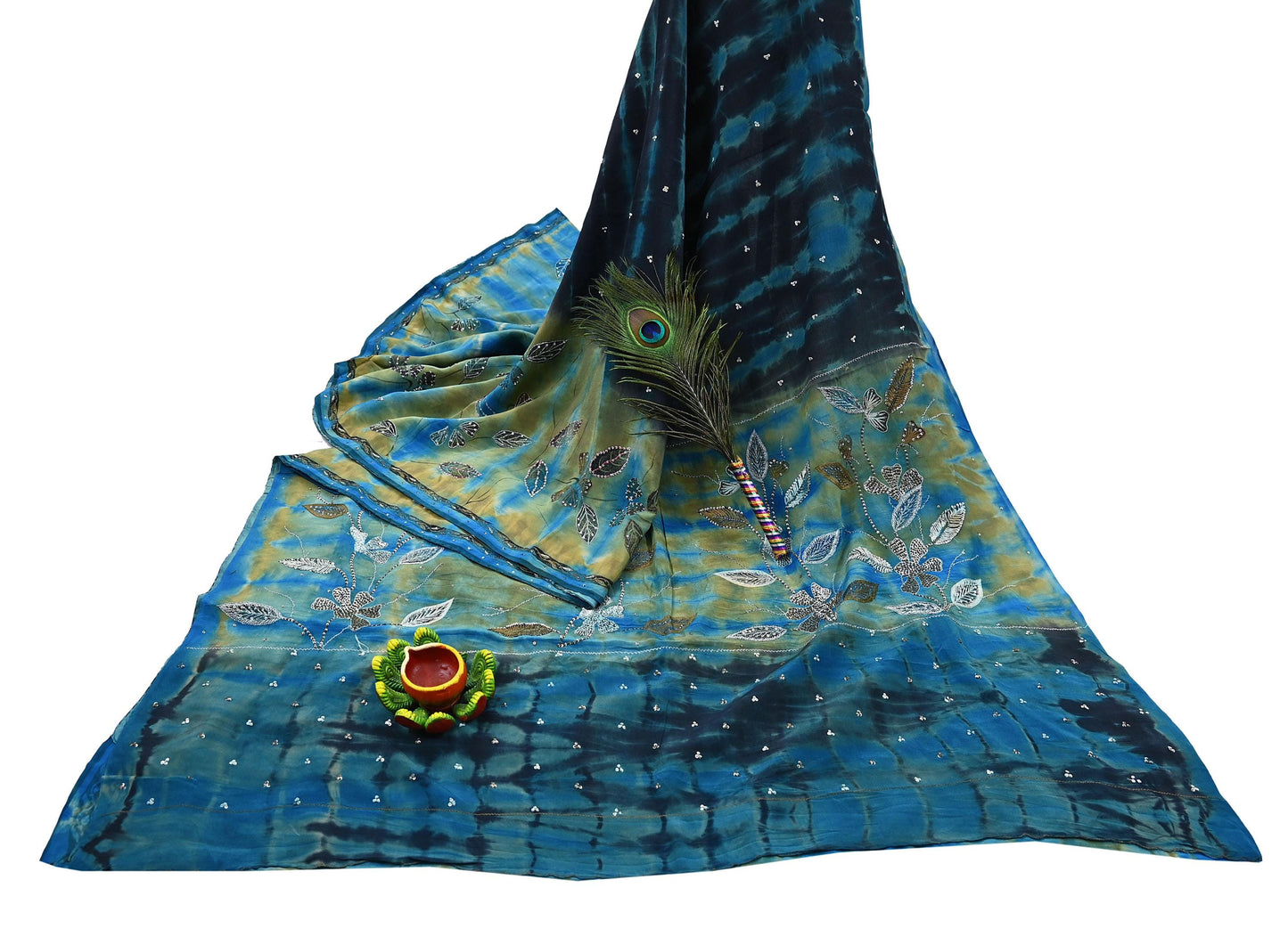 Indian Vintage Saree Pure Crepe Silk Hand Embroidered Tie-Dye Sari Fabric 5yard Sewing Craft Fabric Ethnic Dressmaking Crafting Zari